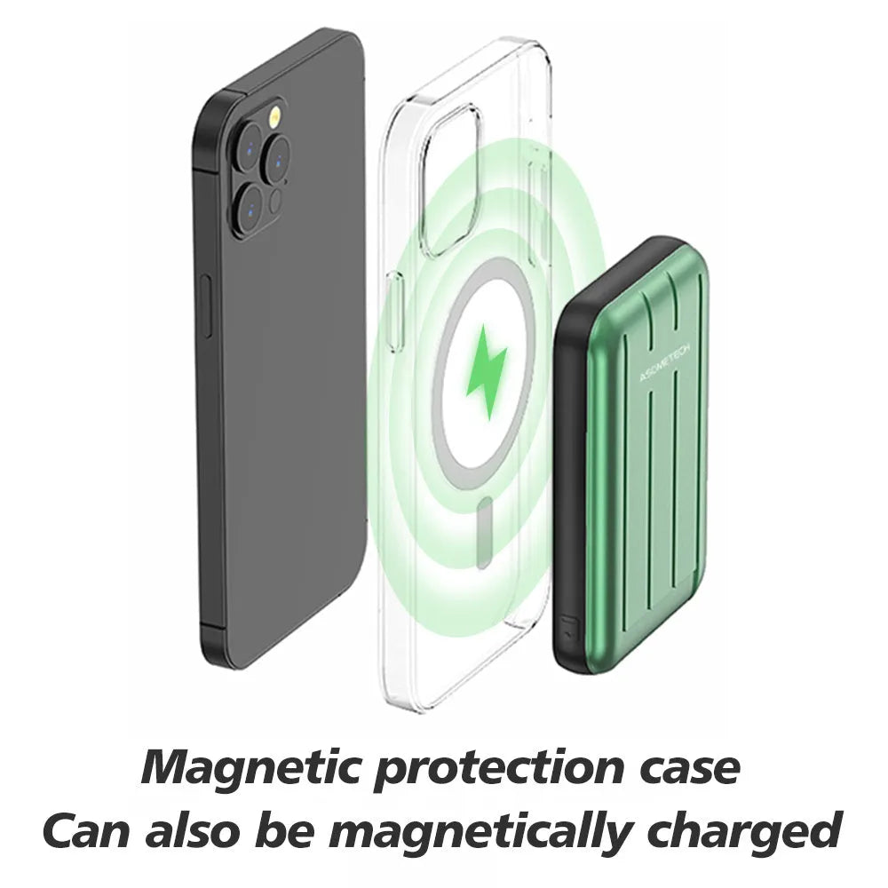 Blue magnetic wireless charger power bank attached to an iPhone 12, showing its portable design.