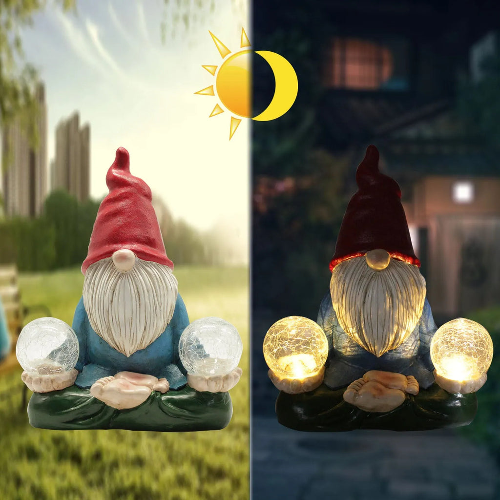 Solar LED resin dwarf doll garden ornament with faceless old man design, shown outdoors.