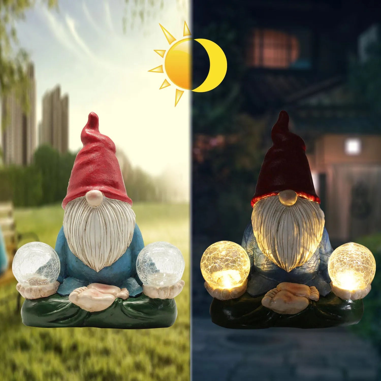 Solar LED resin dwarf doll garden ornament with faceless old man design, shown outdoors.