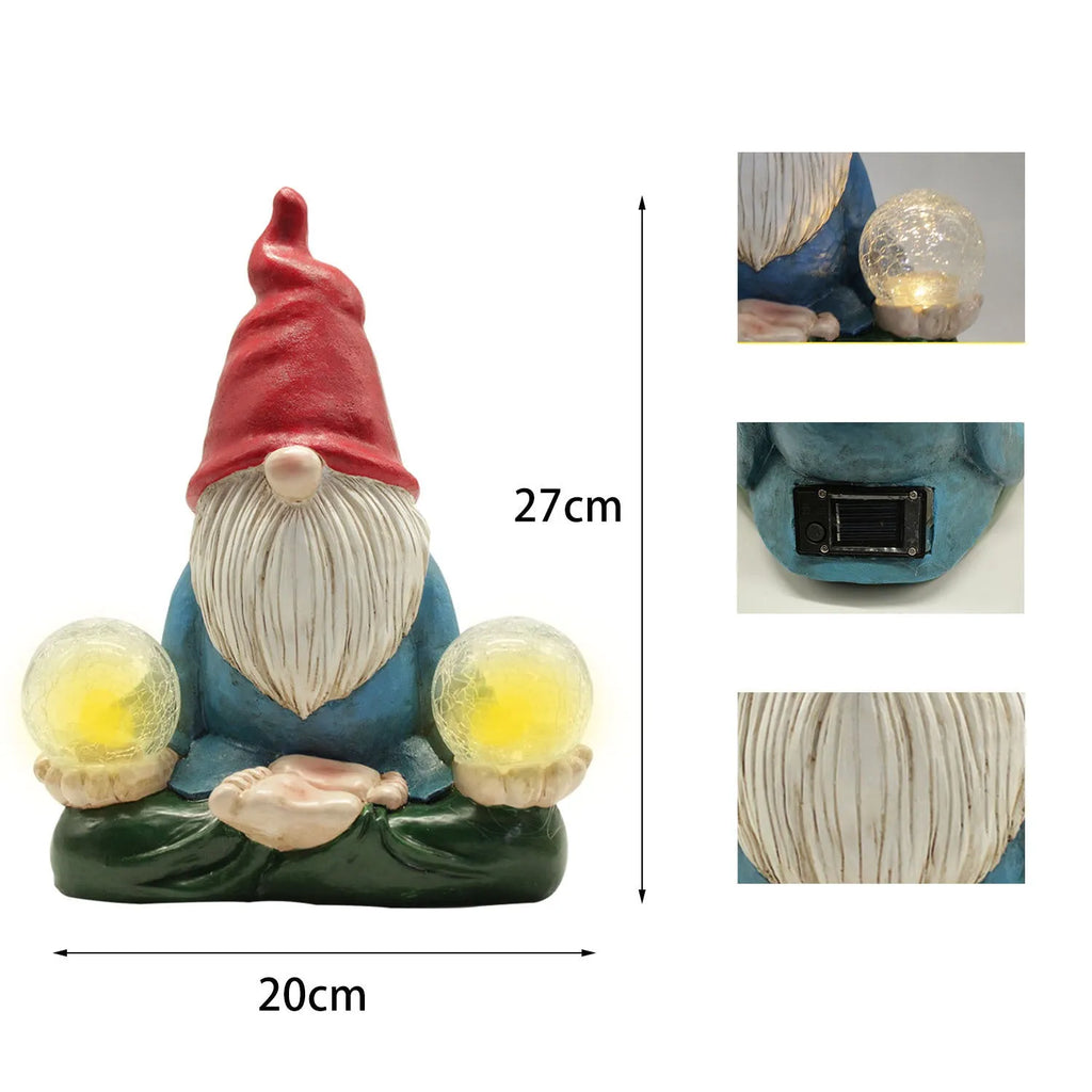 Solar LED resin dwarf doll garden ornament with faceless old man design, shown outdoors.