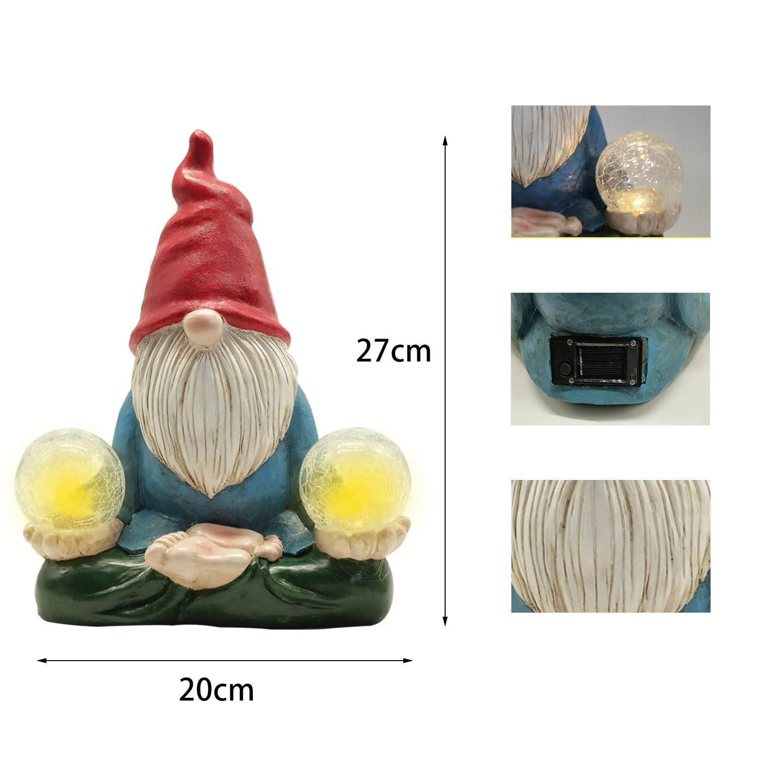 Solar LED resin dwarf doll garden ornament with faceless old man design, shown outdoors.
