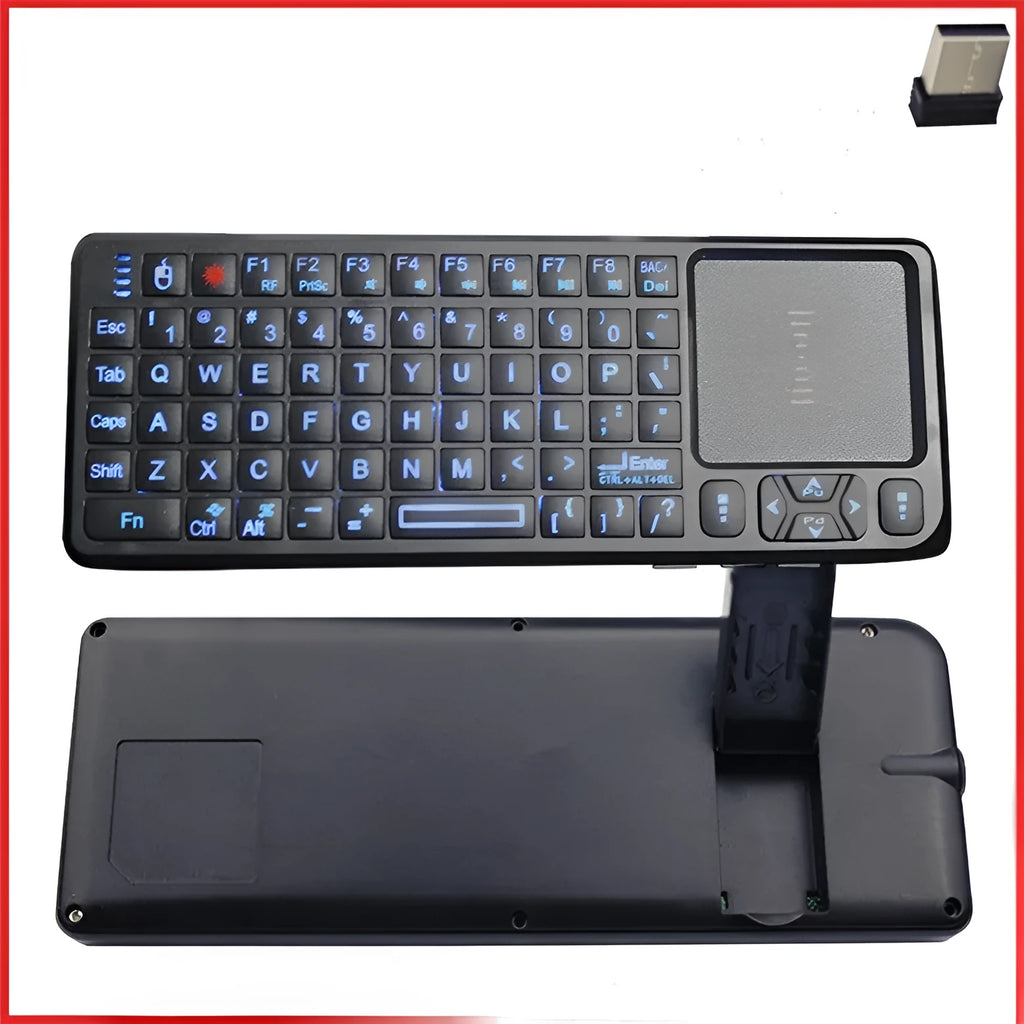 Black wireless laser teaching mini keyboard with a small touch screen, shown with USB receiver.