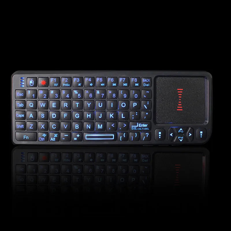 Black wireless laser teaching mini keyboard with a small touch screen, shown with USB receiver.