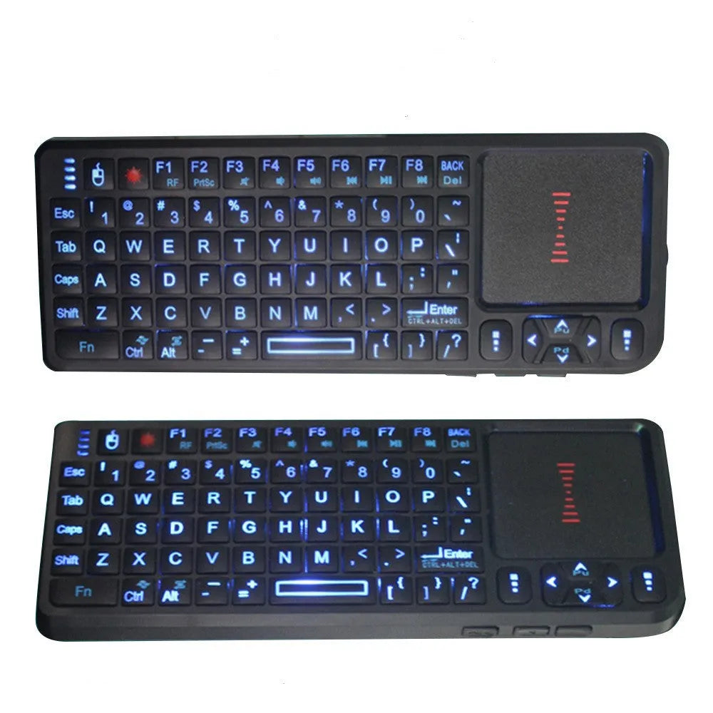 Black wireless laser teaching mini keyboard with a small touch screen, shown with USB receiver.