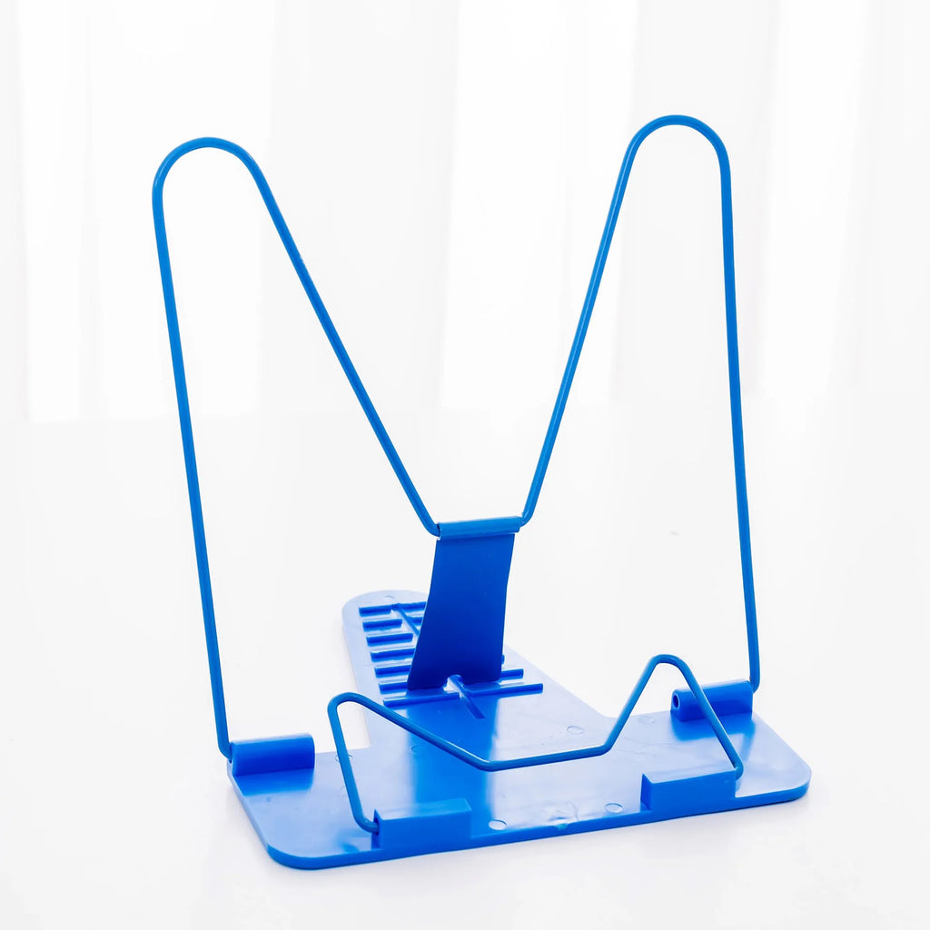 Red, green, and blue metal and plastic reading frame book stand measuring 16 by 17.5 cm