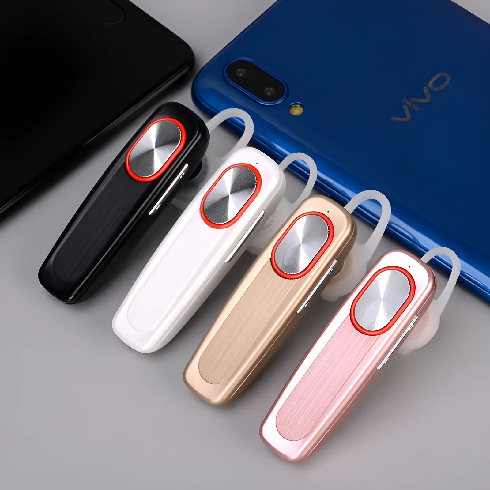 L9 mono Bluetooth headset with power display, ear hook, and silicone ear cap, black colour