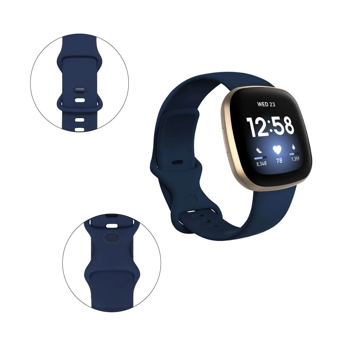 Fitbit Versa3 smart watch with a black TPU silicone replacement strap on a wrist.
