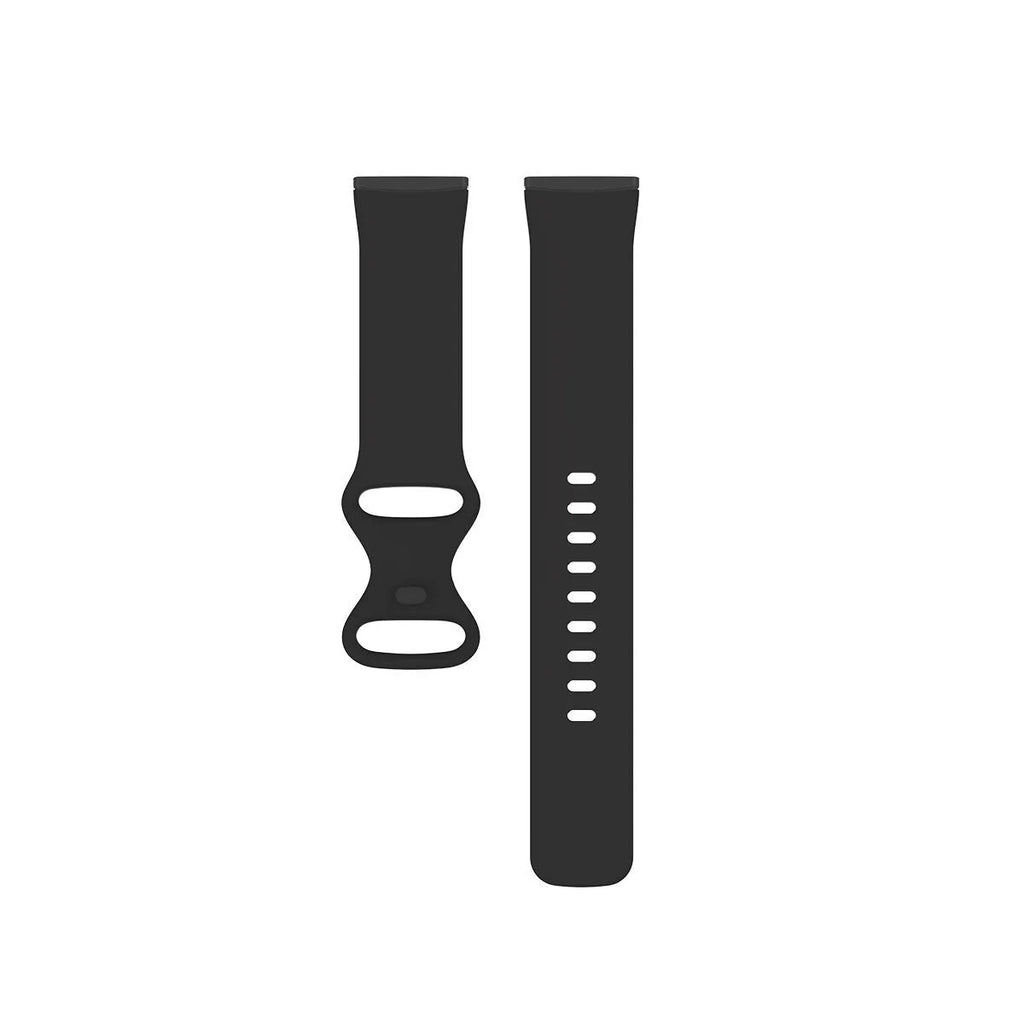 Fitbit Versa3 smart watch with a black TPU silicone replacement strap on a wrist.