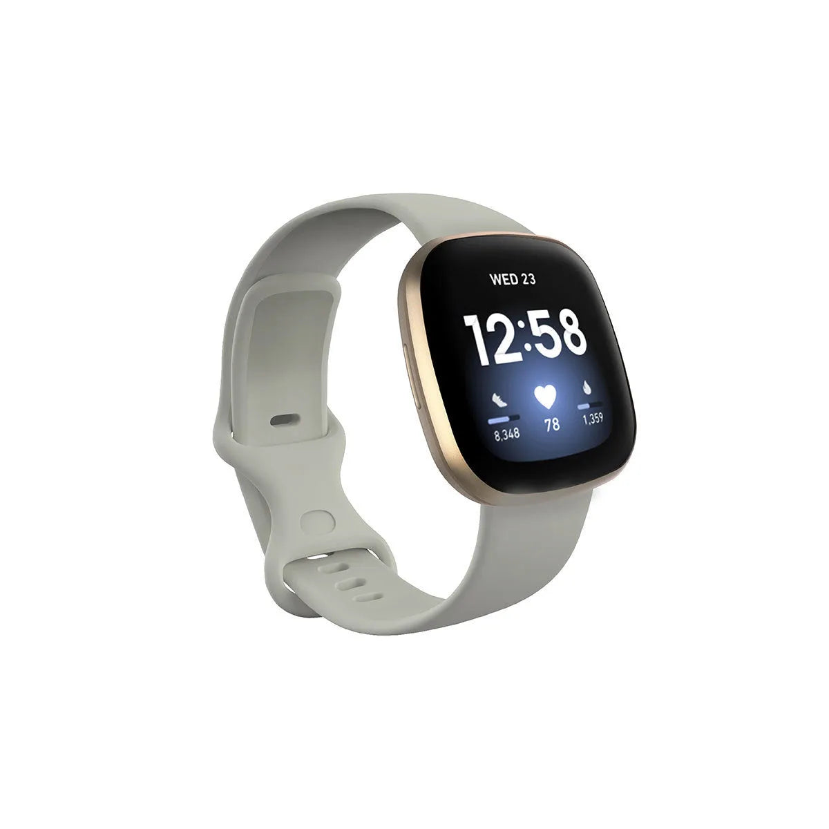 Fitbit Versa3 smart watch with a black TPU silicone replacement strap on a wrist.