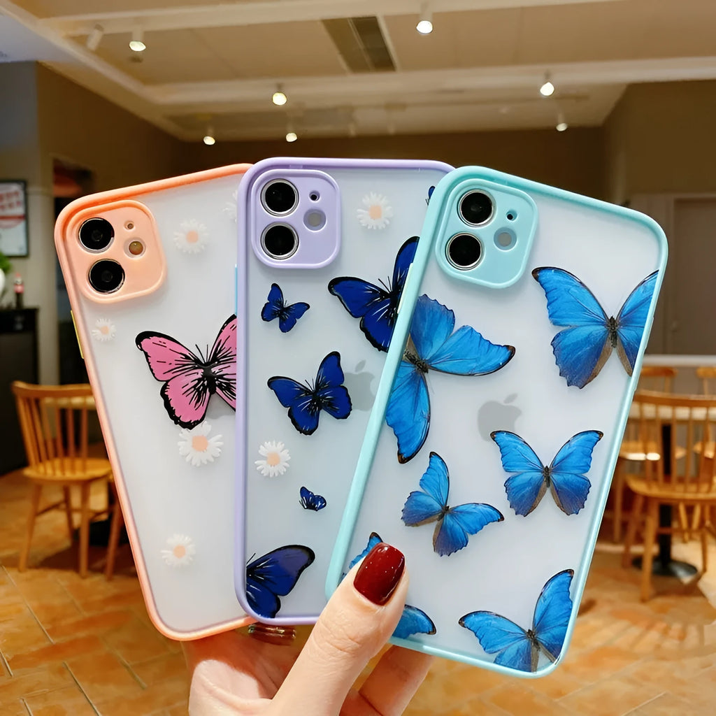 Clear acrylic iPhone case with soft edges showing butterfly design in light blue colour