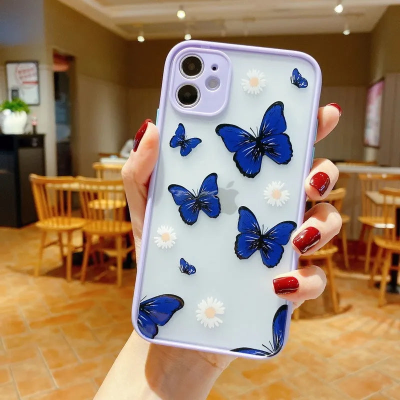Clear acrylic iPhone case with soft edges showing butterfly design in light blue colour
