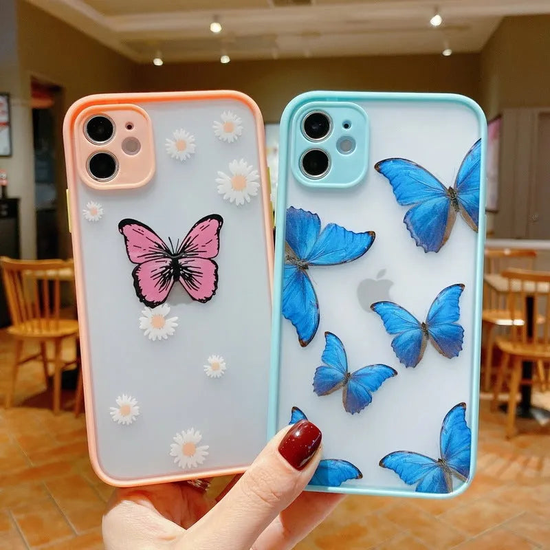 Clear acrylic iPhone case with soft edges showing butterfly design in light blue colour