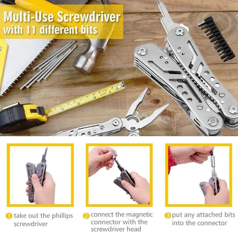 Silver multifunctional folding pliers tool with knife and bottle opener functions for camping outdoor use