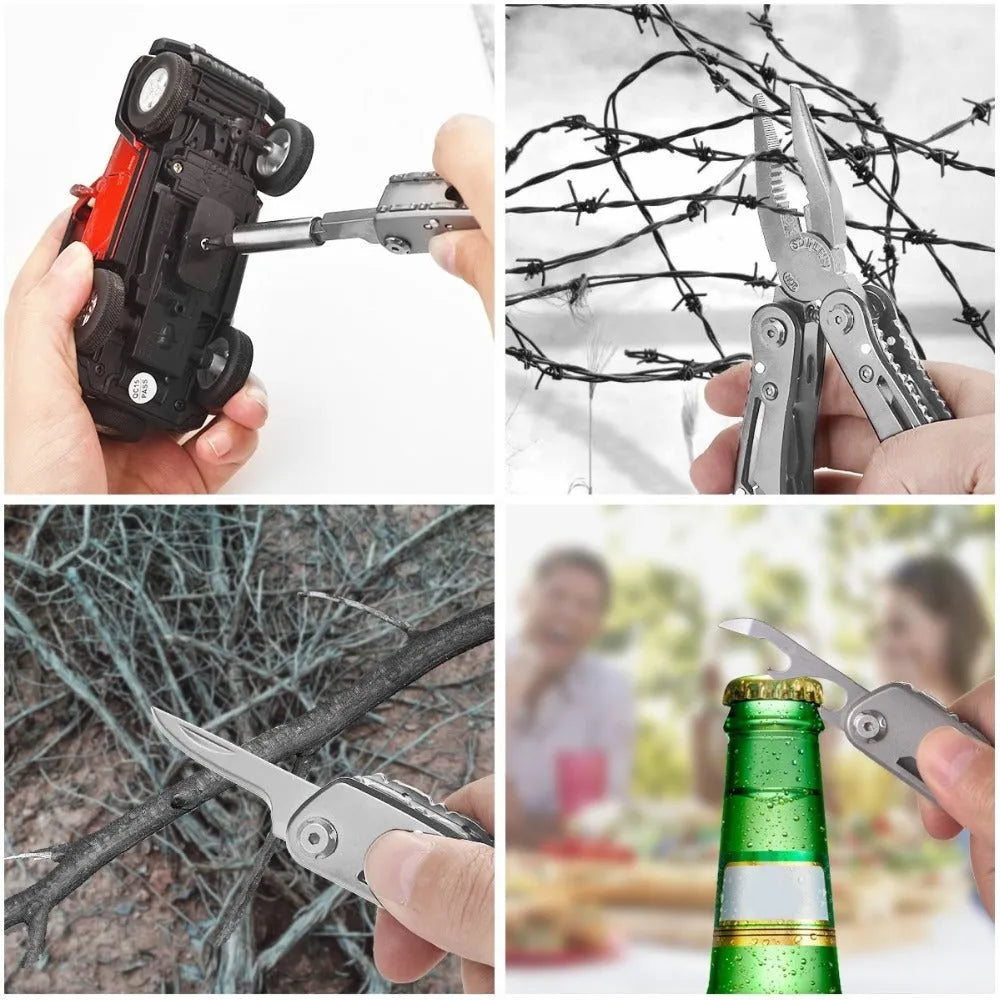 Silver multifunctional folding pliers tool with knife and bottle opener functions for camping outdoor use