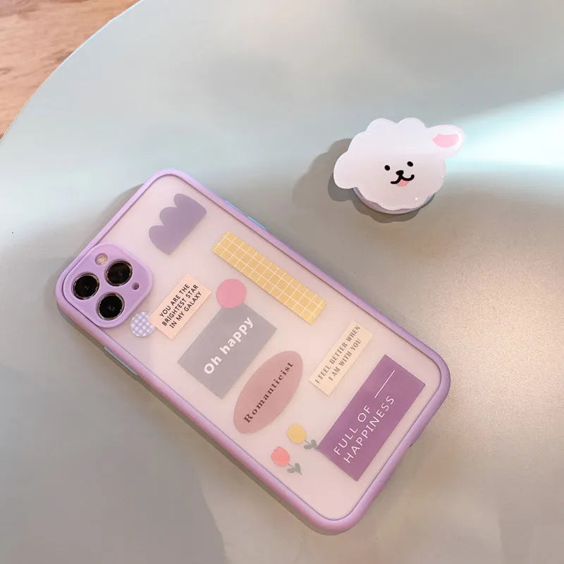 Frosted painted iPhone case with a fold-out bracket, shown in a cartoon animal design, compatible with multiple Apple iPhone models.