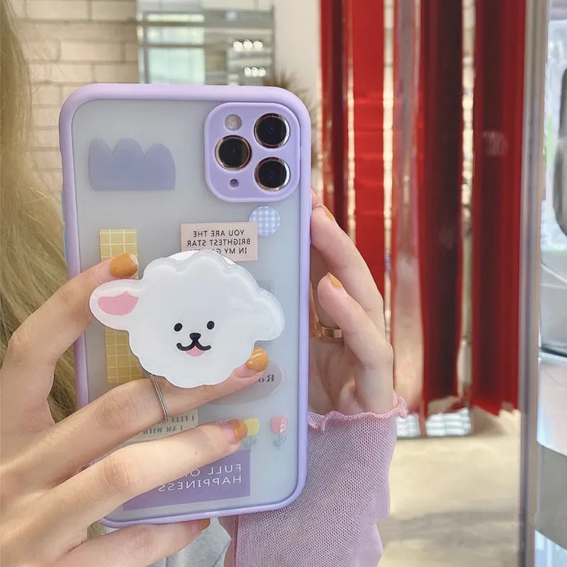 Frosted painted iPhone case with a fold-out bracket, shown in a cartoon animal design, compatible with multiple Apple iPhone models.
