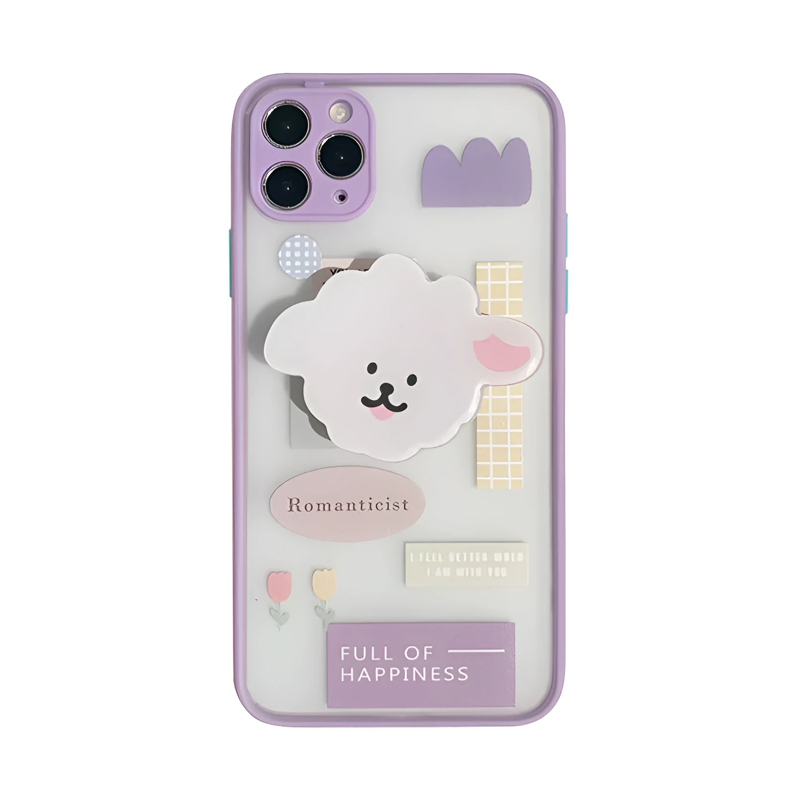Frosted painted iPhone case with a fold-out bracket, shown in a cartoon animal design, compatible with multiple Apple iPhone models.