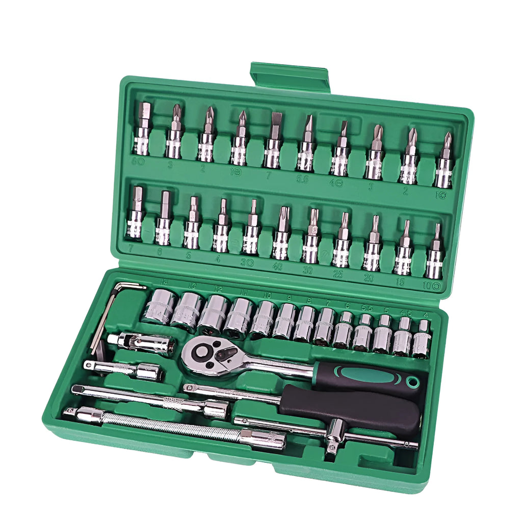 Green plastic case open to show a 46-piece auto repair tool set including sockets, a ratchet, and a torque wrench.