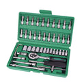 Green plastic case open to show a 46-piece auto repair tool set including sockets, a ratchet, and a torque wrench.