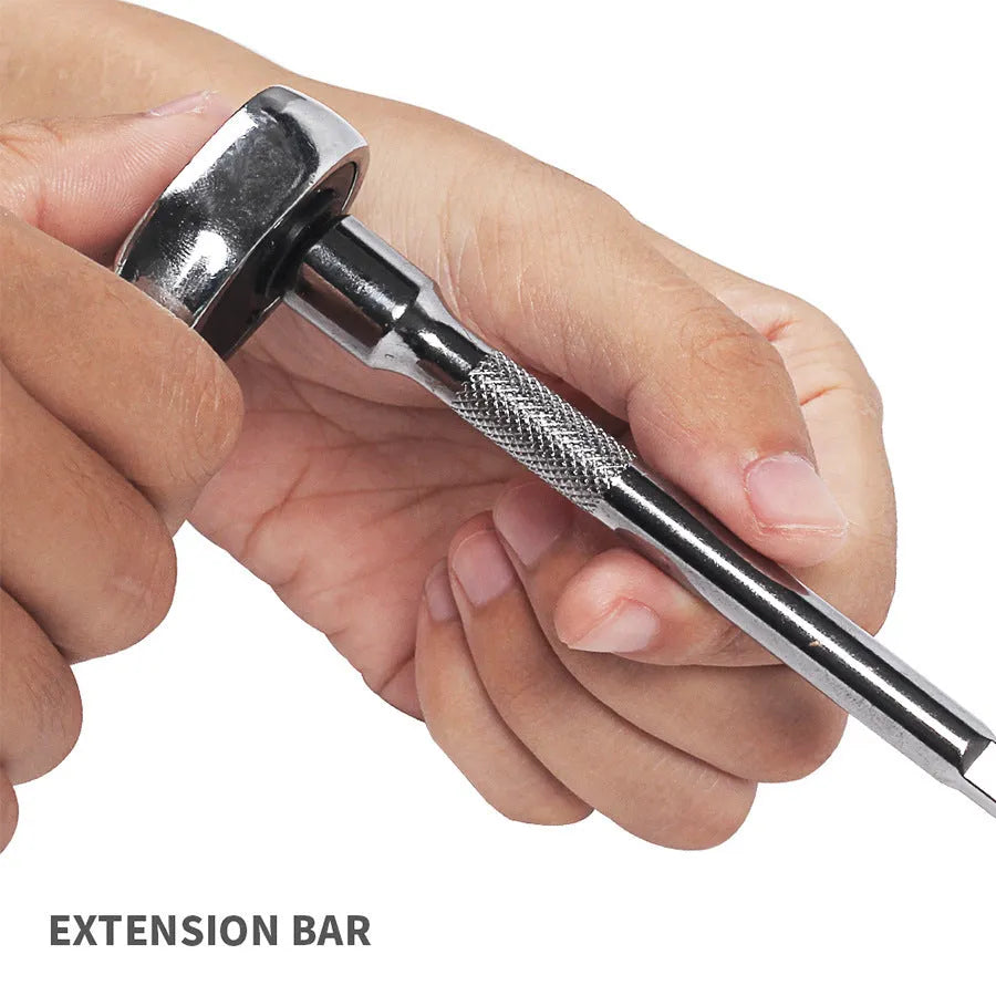 Green plastic case open to show a 46-piece auto repair tool set including sockets, a ratchet, and a torque wrench.