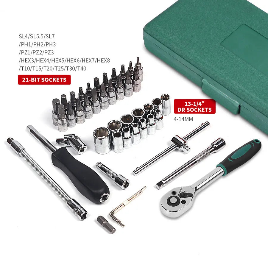 Green plastic case open to show a 46-piece auto repair tool set including sockets, a ratchet, and a torque wrench.