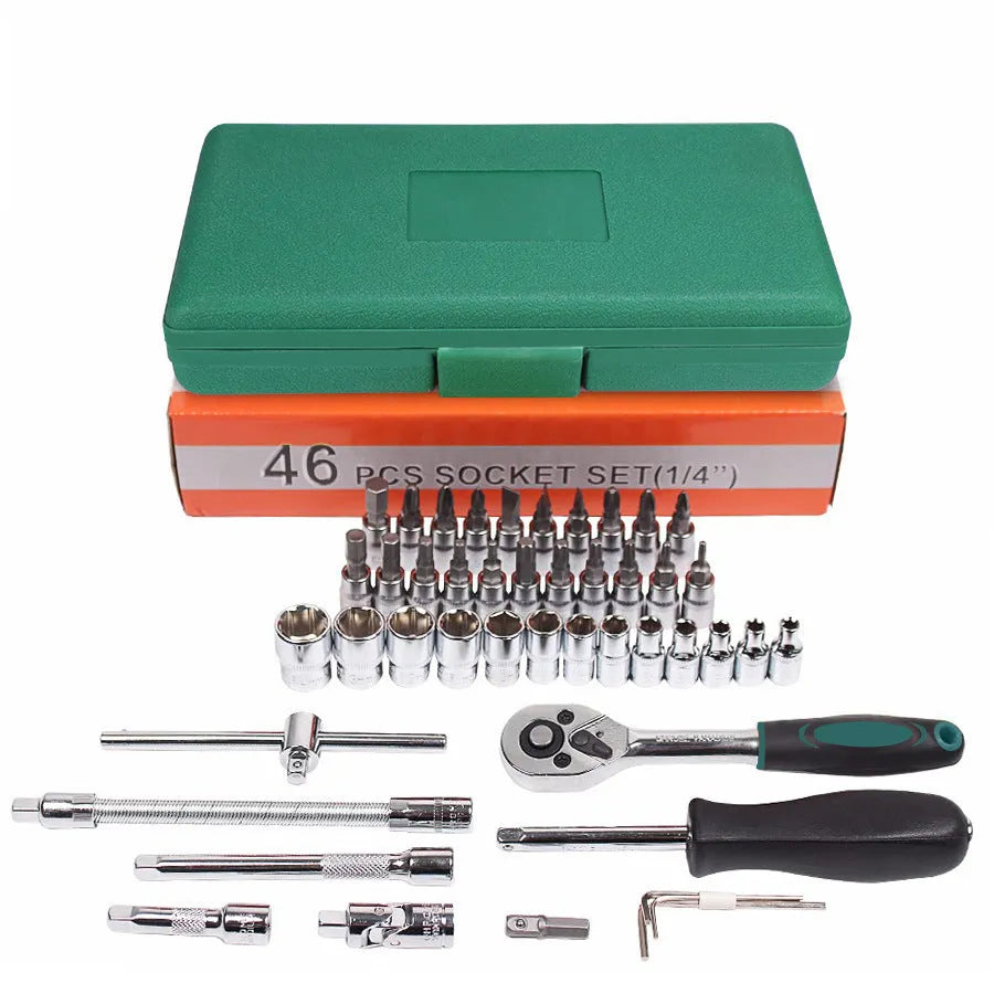 Green plastic case open to show a 46-piece auto repair tool set including sockets, a ratchet, and a torque wrench.