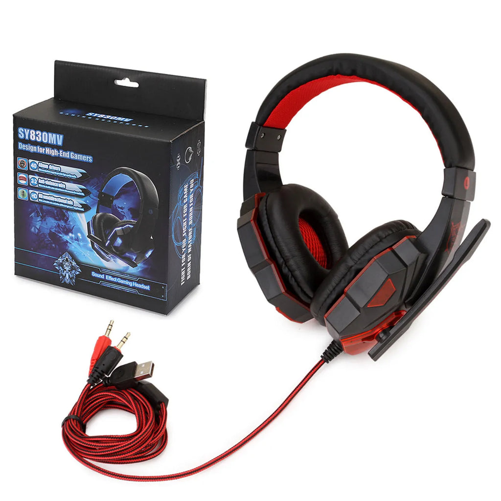 Wired gaming headset with LED lights showing tanned leather ear cushions and braided cable in Black Red colour option