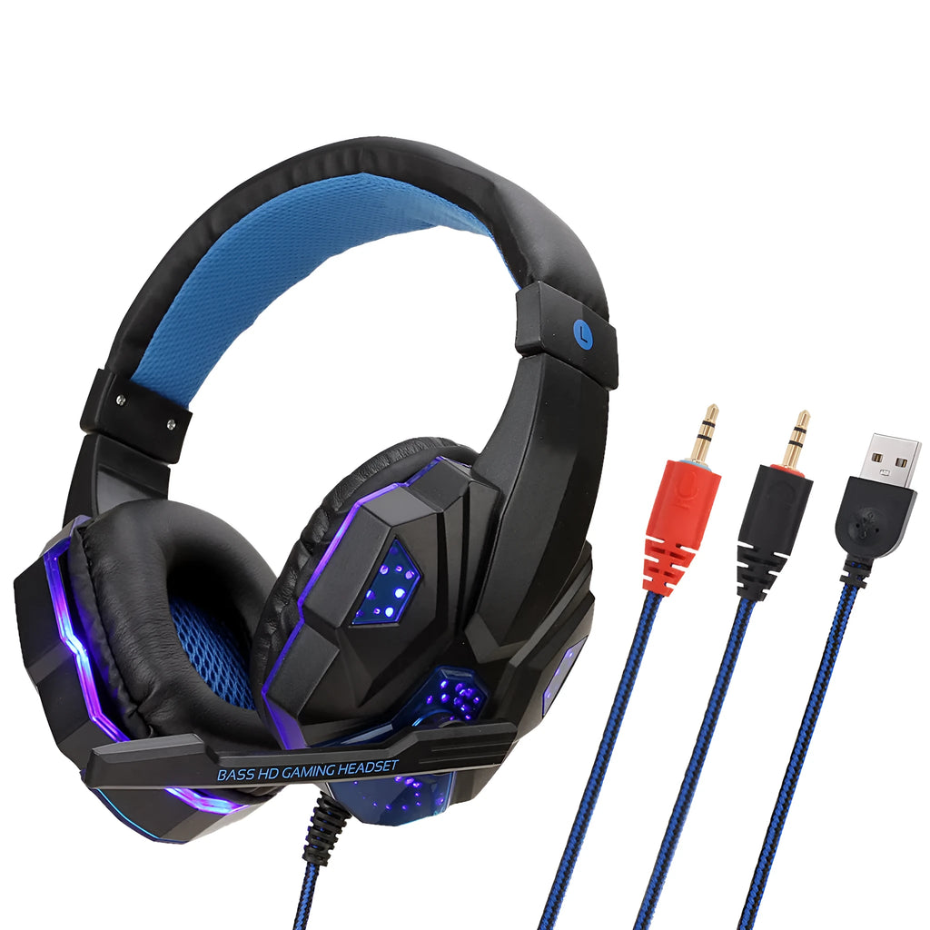 Wired gaming headset with LED lights showing tanned leather ear cushions and braided cable in Black Red colour option