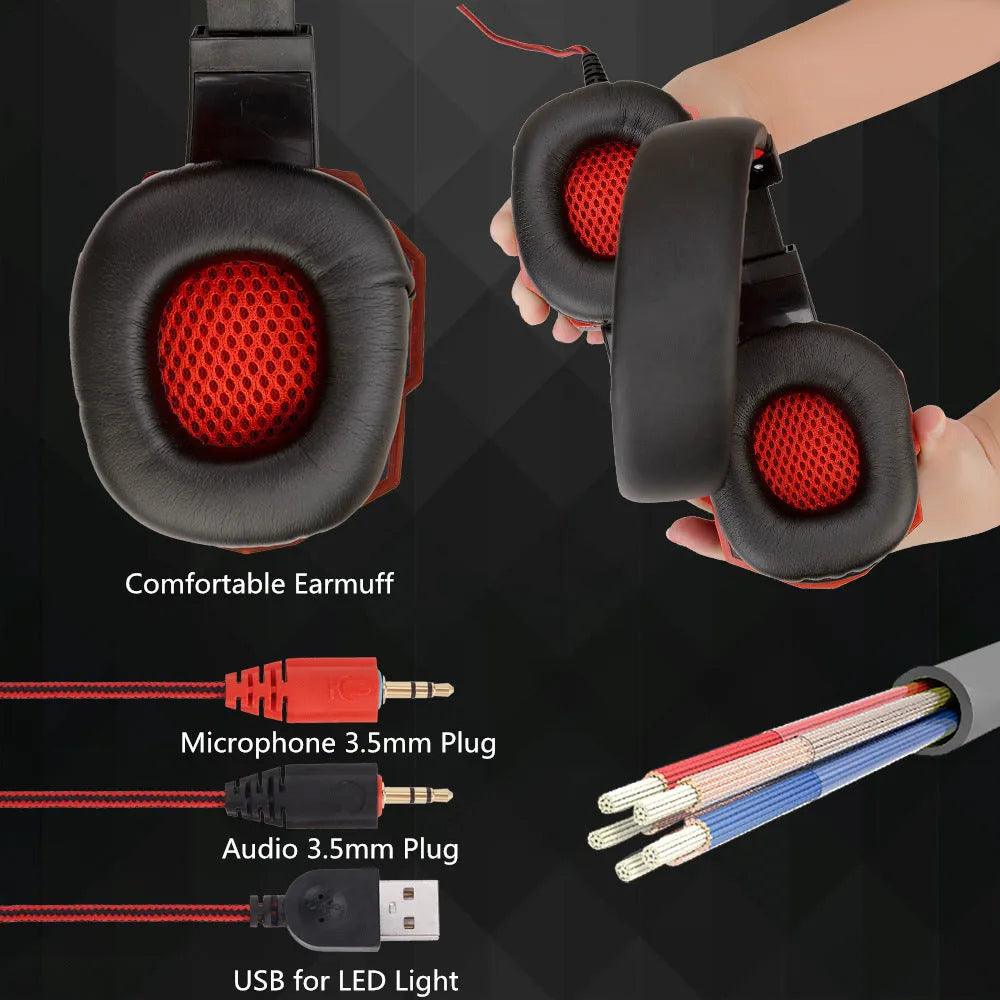 Wired gaming headset with LED lights showing tanned leather ear cushions and braided cable in Black Red colour option