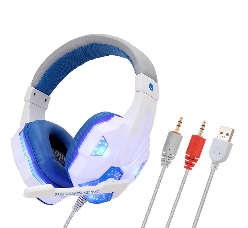 Wired gaming headset with LED lights showing tanned leather ear cushions and braided cable in Black Red colour option