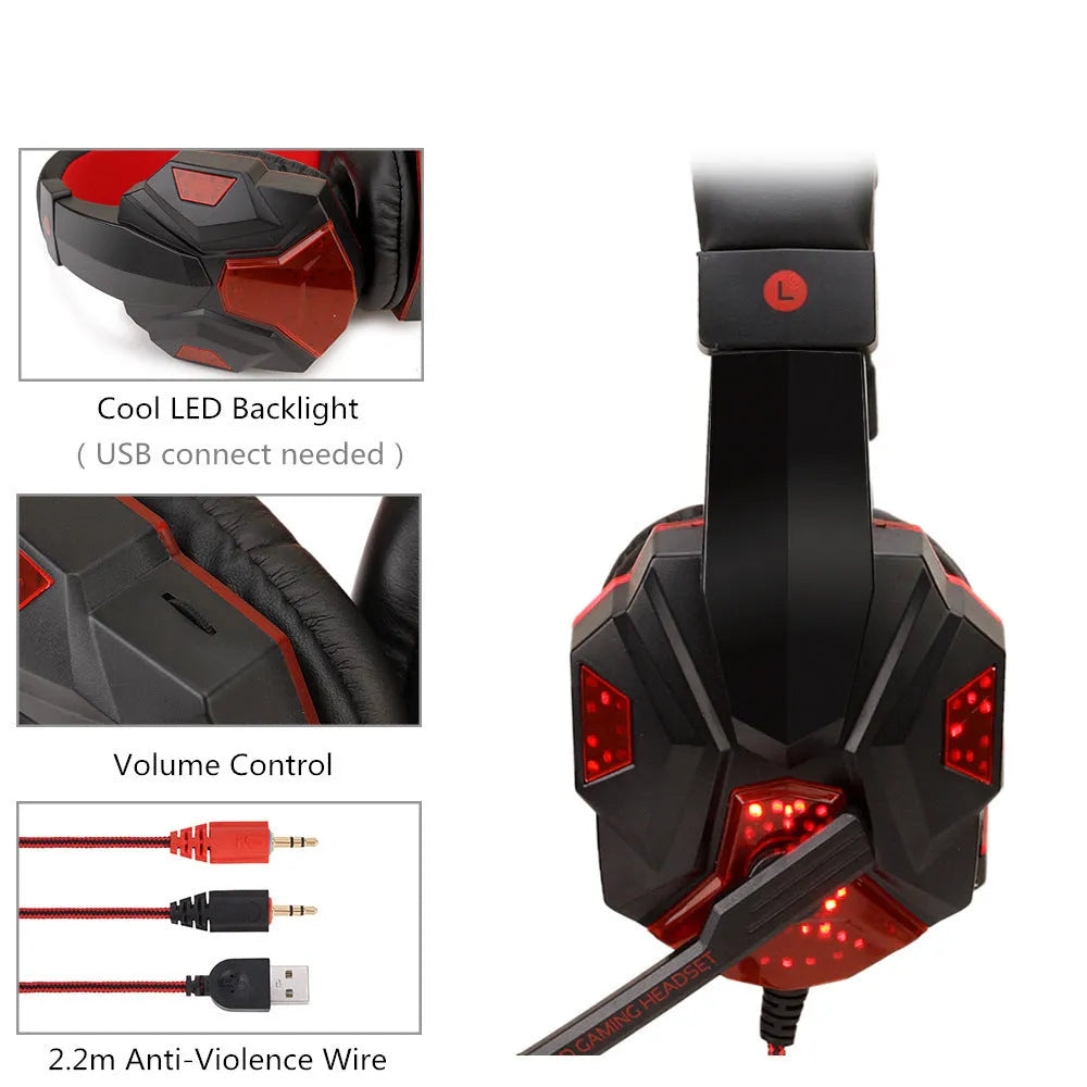 Wired gaming headset with LED lights showing tanned leather ear cushions and braided cable in Black Red colour option