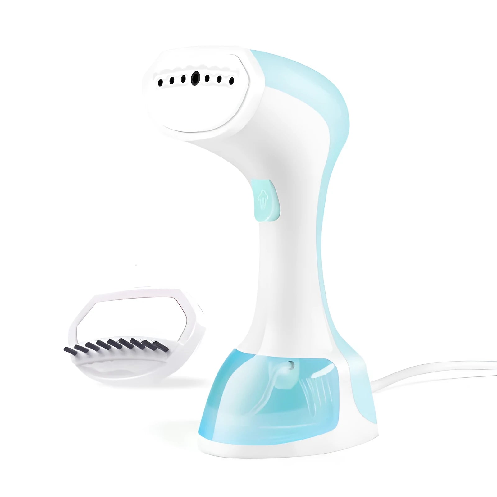 Mini portable handheld garment steamer 1200W in pink with water tank and brush on a wooden surface