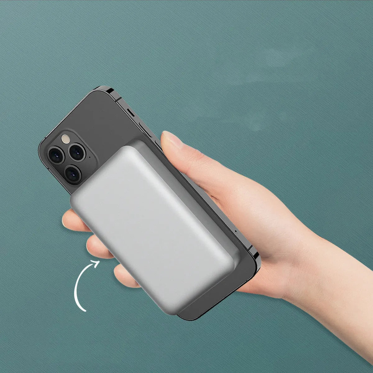 Silver aluminium magnetic wireless power bank for iPhone showing USB-C port.