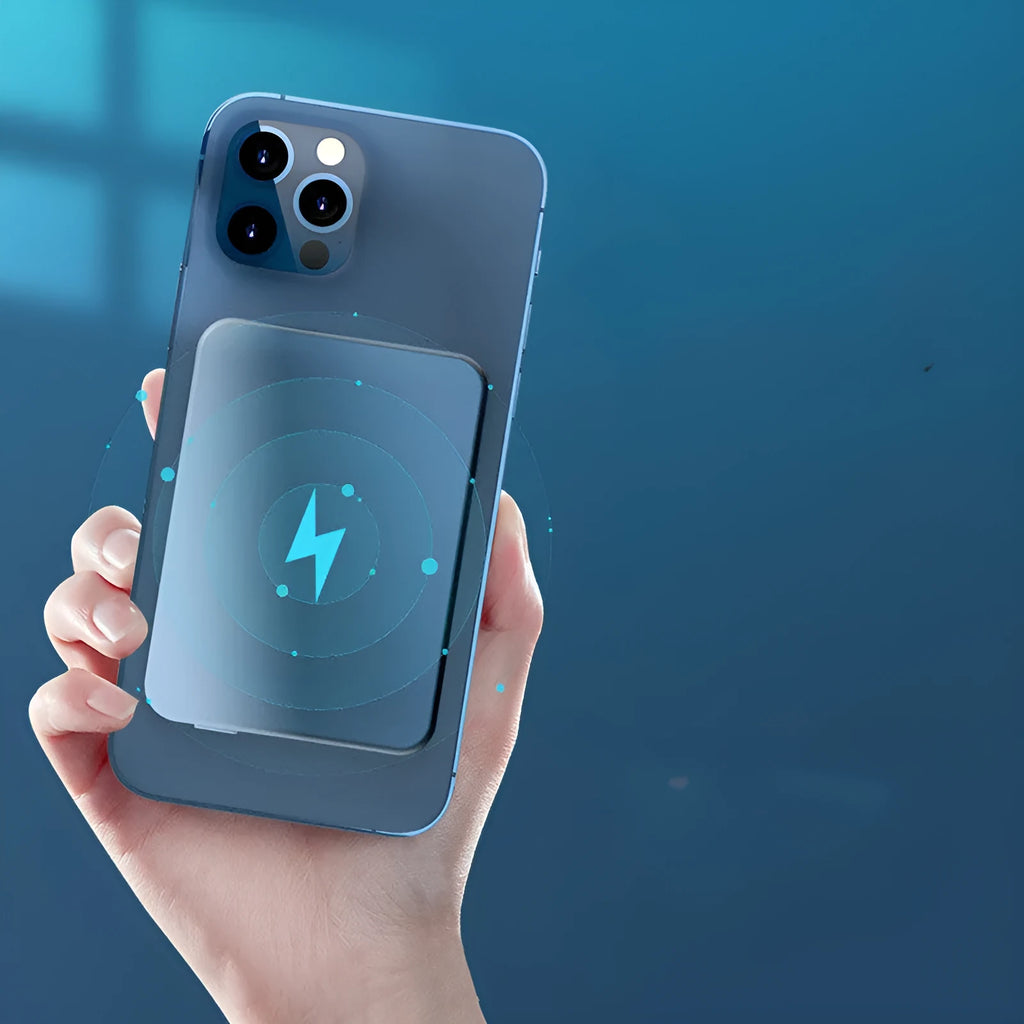 Silver aluminium magnetic wireless power bank for iPhone showing USB-C port.