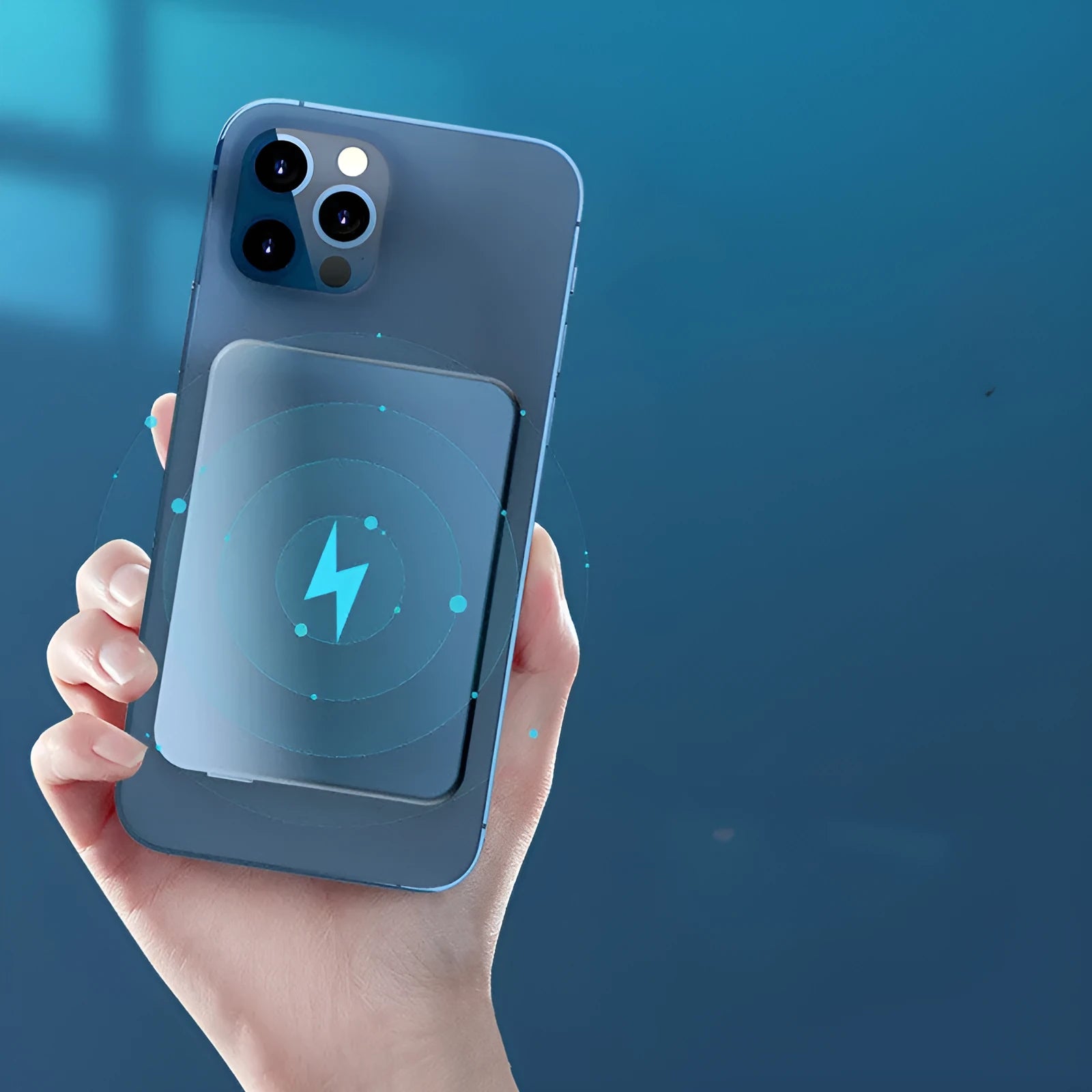 Silver aluminium magnetic wireless power bank for iPhone showing USB-C port.