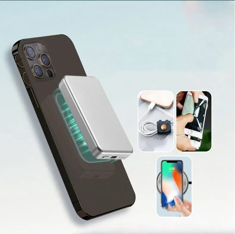 Silver aluminium magnetic wireless power bank for iPhone showing USB-C port.