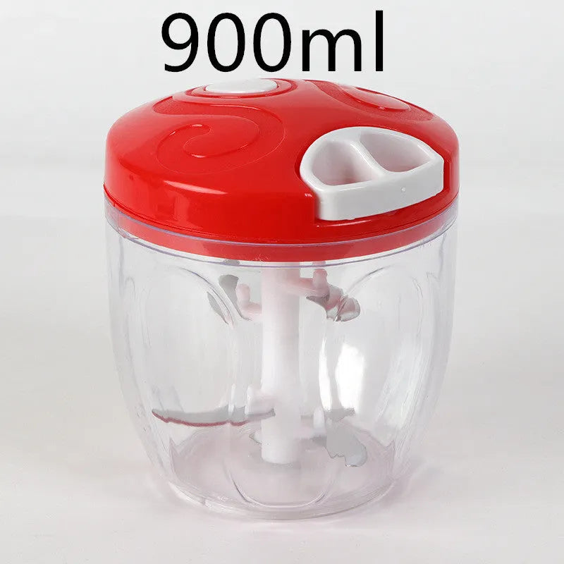 Green manual food chopper with three stainless steel blades and a 500ml plastic container.