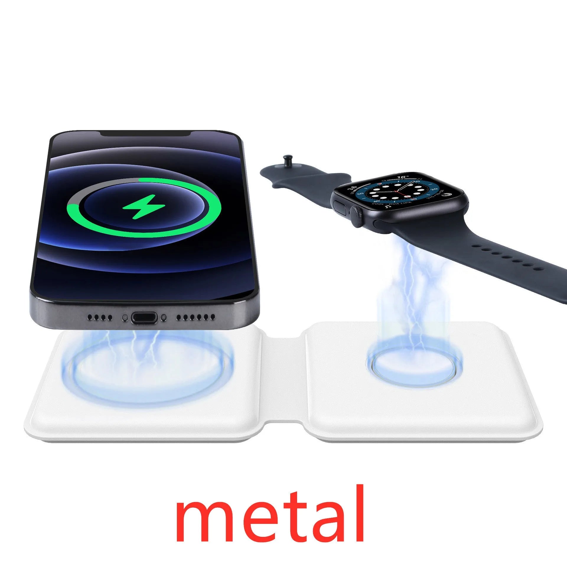 White foldable dual magnetic wireless charging dock showing 15W QI fast charging for two phones.