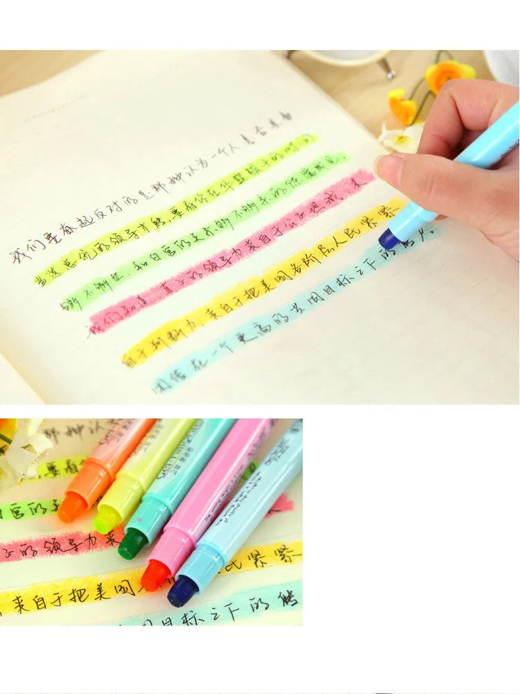 Set of six solid highlighter markers with fluorescent colours and round tips