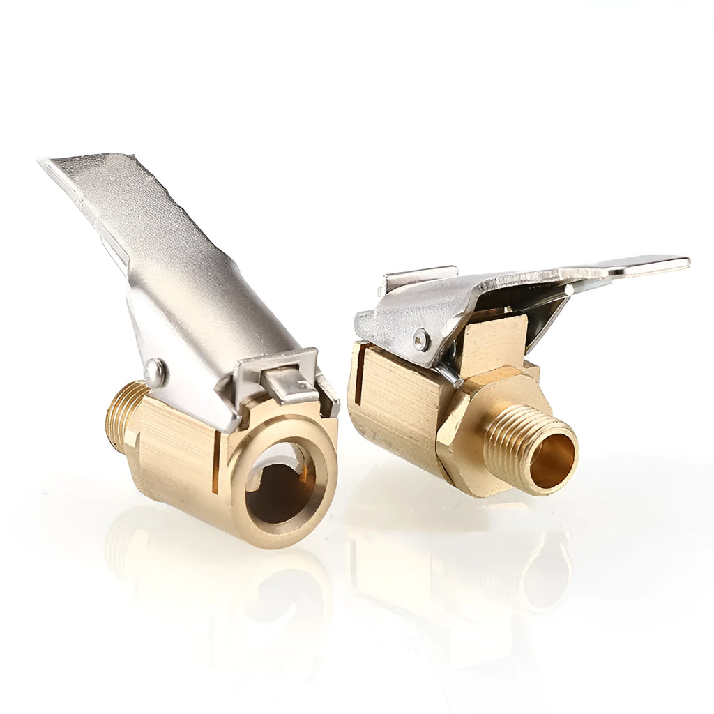 Golden metal quick-clip air chuck for tyre inflation with external thread connection