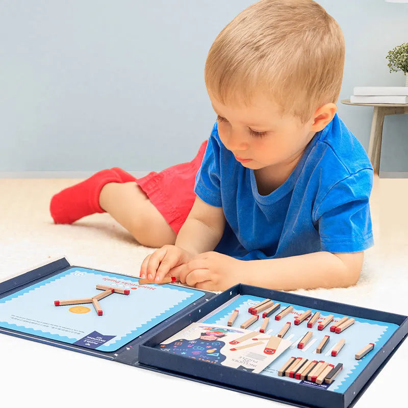 Montessori wooden educational toy with question cards and matches for children's problem-solving activities