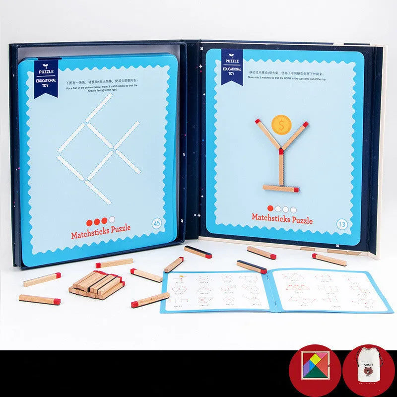 Montessori wooden educational toy with question cards and matches for children's problem-solving activities