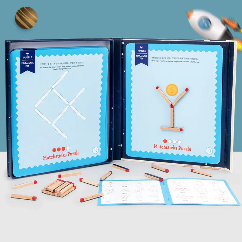 Montessori wooden educational toy with question cards and matches for children's problem-solving activities