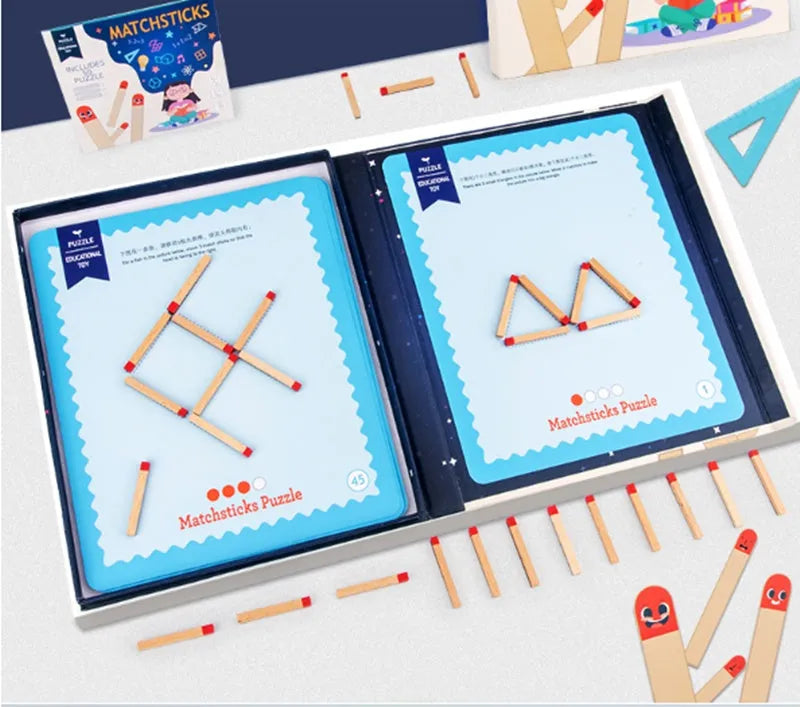 Montessori wooden educational toy with question cards and matches for children's problem-solving activities