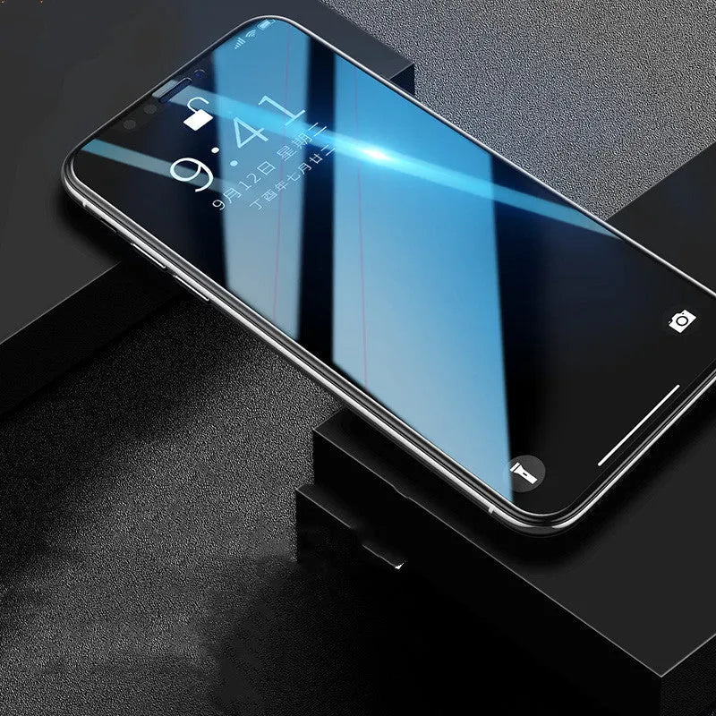 Tempered glass screen protector for iPhone models with black, transparent, and white colour options