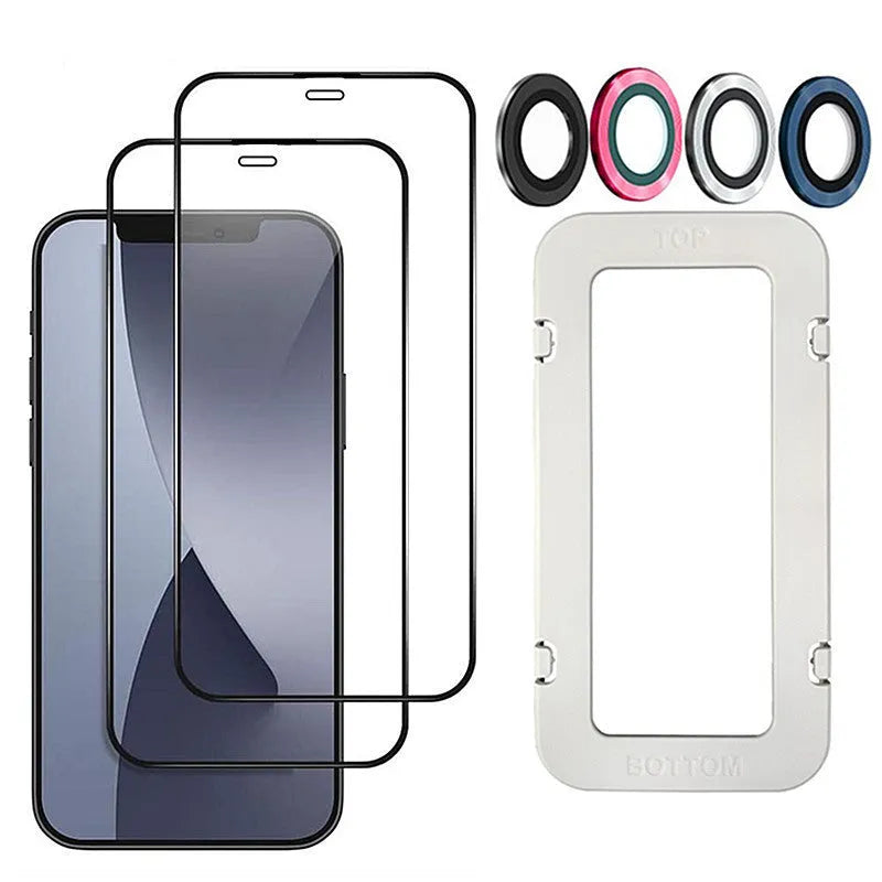 Tempered glass screen protector for iPhone models with black, transparent, and white colour options