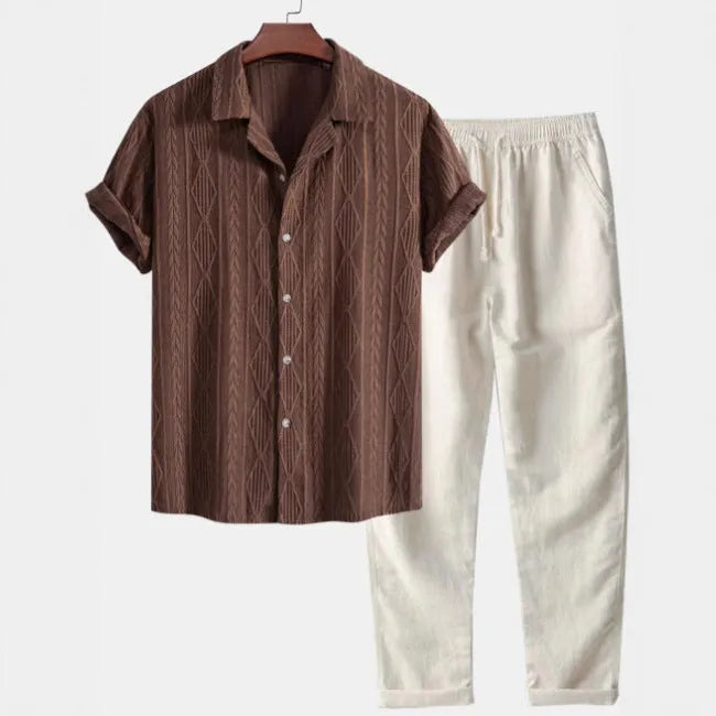 Men's slim fit camouflage print short sleeve shirt and trousers casual linen suit set.