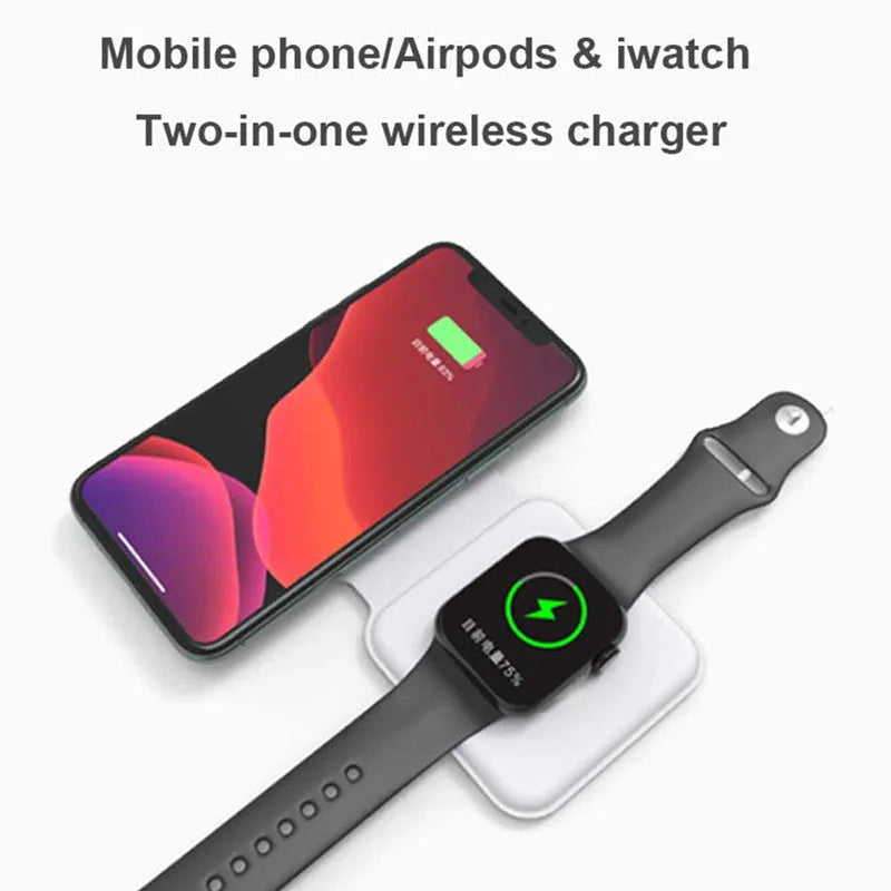 White foldable dual magnetic wireless charging dock showing 15W QI fast charging for two phones.