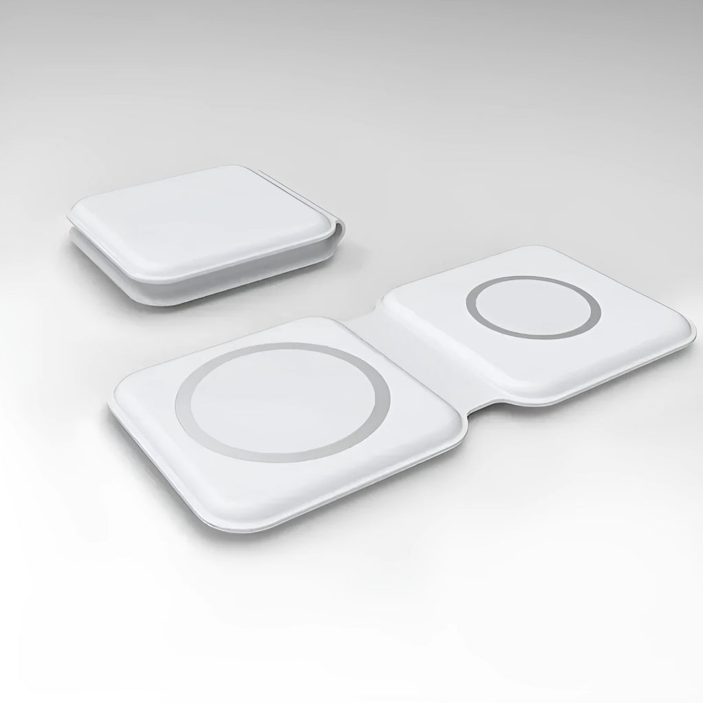 White foldable dual magnetic wireless charging dock showing 15W QI fast charging for two phones.