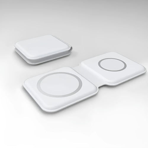 White foldable dual magnetic wireless charging dock showing 15W QI fast charging for two phones.